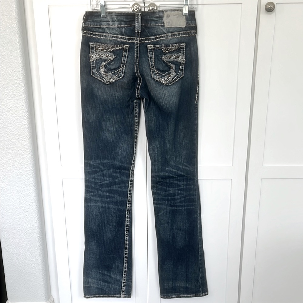 SILVER JEANS Suki Mid Slim Boot Distressed Stud Rhinestone Sequin Embellished
